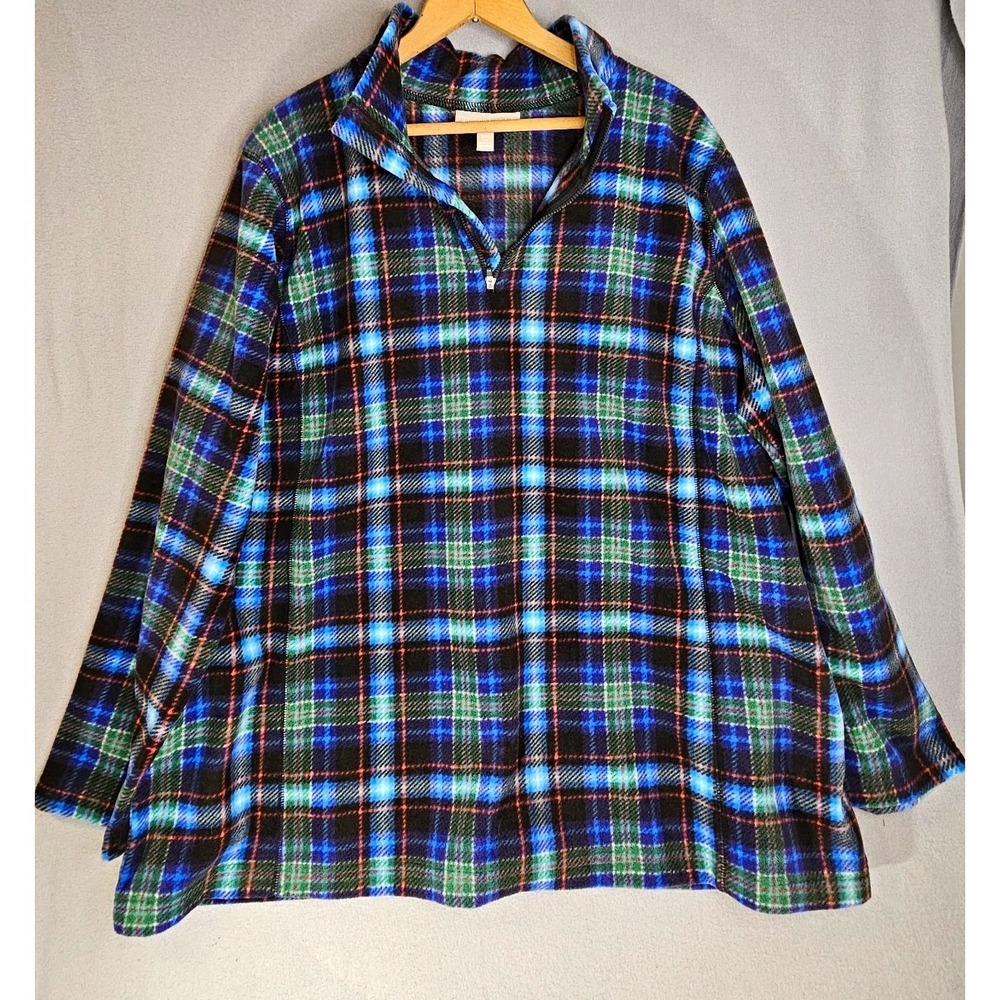 Woman Within Fleece Pullover 1X Plaid Quarter Zip Blue Green Cozy Soft Academia